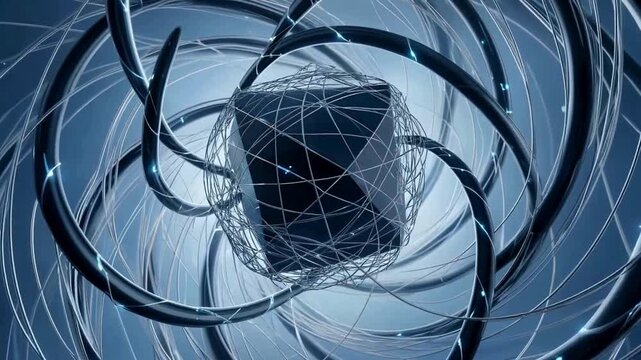 Dynamic abstract technology animation with dark cube spinning inside glowing wireframe and sleek rings for modern tech branding