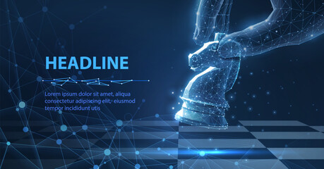 Chess knight. Digital hand with knight on digital background. Business strategy, marketing solution, strategic vision, innovate technology concept. Success management, challenge and competition symbol