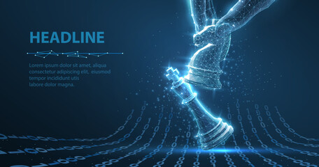 Chess knight in digital hand beats the kind. Win of AI, chess strategy, digital manager, business competition, innovation challenge, AI assistant, political checkmate, technological success concept.

