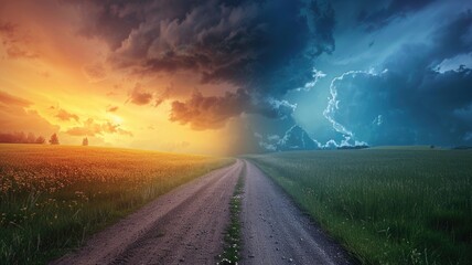Naklejka premium Dream with Dramatic landscape with divided sky at sunset and stormy clouds over country road