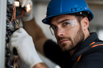 Focused electrician inspecting electrical panel with safety gear, blue helmet and protective glasses.  Ensuring safety, precision, and expertise.