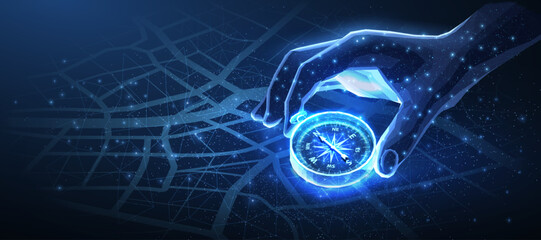 Compass in digital hand. Business strategic compass, Vision crisis, Mission path, Agency creative, Business navigation, Market decision, Achievement strategy, Financial stock, Guidabce concept

