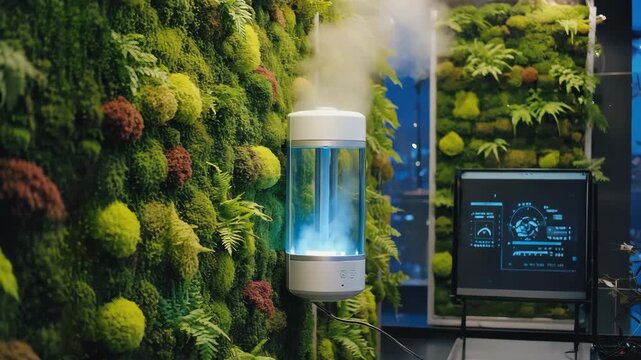 A futuristic humidifier with a glowing blue light releases vapor on a lush vertical garden wall.