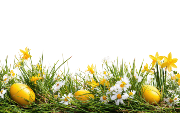 Easter-themed floral border. Yellow eggs nestled in a meadow of grass, daisies, and daffodils