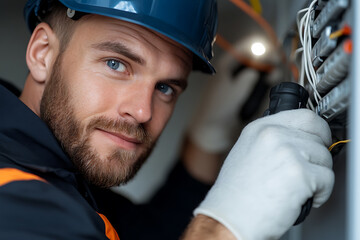 Confident electrician works with wiring, wearing a hard hat and gloves. Focused on safety and expertise, providing reliable solutions. Bright future ahead!