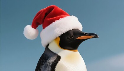 Naklejka premium Penguin wearing Santa hat against blue background for Christmas 