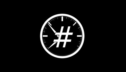 Fototapeta premium A stark monochrome composition with a circular clock framing a centered hashtag symbol. The clock hands appear frozen, positioned at a quarter past eleven