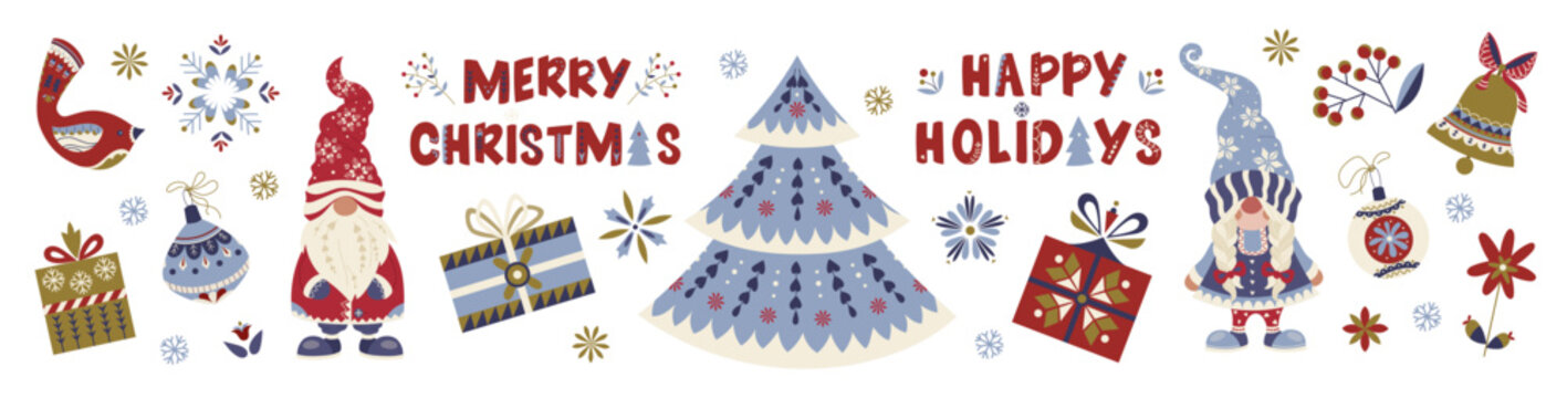 Festive Scandinavian folk Christmas set with cute gnomes, decorated tree, gifts and ornaments. Rustic winter illustrations for holiday card, banner, poster and festive home decor Decorative lettering