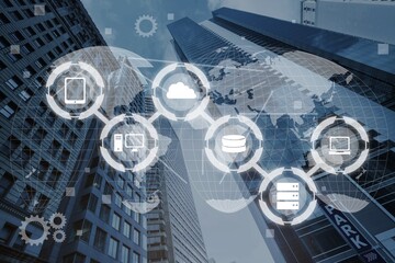 A cloud computing illustrated and city skyline background