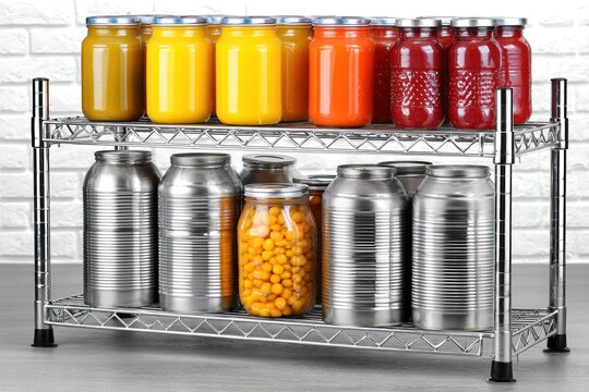 Brightly colored jars filled with various preserves sit neatly on shelves in a modern kitchen