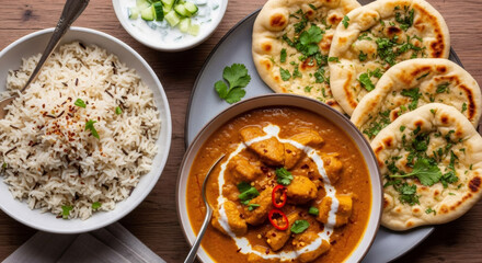 Delicious butter chicken masala bowl served with basmati rice, raita, and naan bread. Authentic Indian cuisine for dinner or restaurant menu.