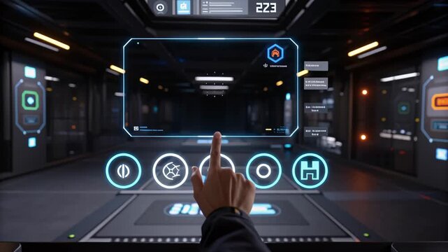 Exploring Virtual Reality User Interaction with Futuristic Technology and Interface Showcasing Advanced Options and Digital Elements