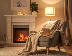 Fototapeta premium A cozy armchair draped with a warm blanket sits beside a glowing fireplace with books stacked on its arm, creating a serene and inviting atmosphere for relaxation.