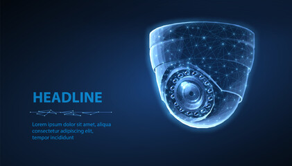 Dome security camera. Business monitoring, Camera surveillance, Store cctv, Digital surveillance, Office security, Indoor monitoring, Safety control, Crime detection concept. Abstract 3d vector

