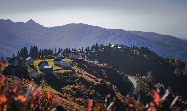 Panoramic view of mountains, valleys and hills in Georgia. Autumn vacation, hiking in the mountains