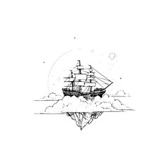 Illustration of a sailing ship resting on clouds above a floating island with stars and a dotted arc