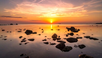 A serene coastal landscape captured during golden hour. The sun dips below the horizon, casting warm hues over the water and sky, rocks in foreground