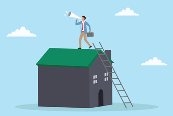 Vector illustration of a businessman standing on a house rooftop announcing through a megaphone, representing real estate promotion, property announcement, housing market advertising