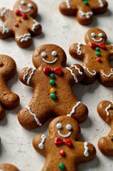 A close-up of festive gingerbread man cookies decorated with colorful icing and candies