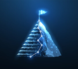 Digital mountain and ladder. Tech goal chart, leadership path, digital technology success, startup achieve, career ladder, business plan, achievement symbol, mission vision, achieve concept   © Littlemose
