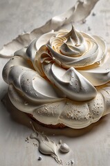 A close-up of an elegant cream pie topped with decorative whipped cream swirls