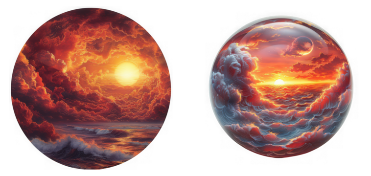 Dramatic sunset over a turbulent ocean, captured within a reflective sphere, showcasing fiery clouds and crashing waves isolated on transparent background
