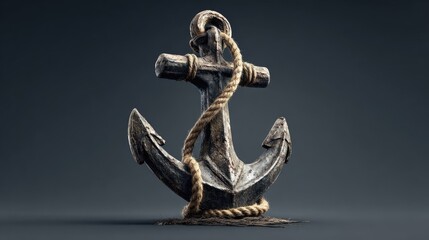 Detailed rendered anchor with rope on gray background for visuals