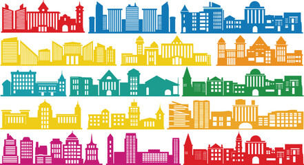 Multicolor city skyline vector set, stylized urban architecture rows, colorful buildings, modern design, vibrant cityscape, graphic illustration pack © IconicCreations