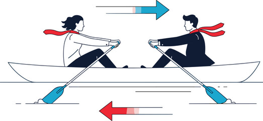 Opposing rowers in boat, teamwork conflict concept, vector illustration of motion forces, red scarves, arrows, coordination failure, metaphor art © IconicCreations