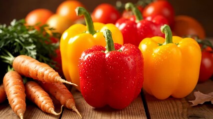 Focus transition on fresh bell pepper, carrot, and tomato arrangement on rustic wooden table, featuring water droplets on vegetable skin footage
