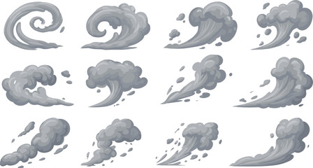 Smoke and cloud vector set, dynamic atmospheric effects, magical steam illustrations, gray swirling shapes, animation design elements, fantasy environment clipart © IconicCreations