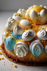 A colorful cake decorated with meringue and edible eggs, showcasing a festive and cheerful design