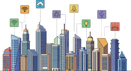 Smart city skyline with technology icons, modern urban infrastructure vector, wireless connectivity, sustainability, navigation, energy efficiency, digital innovation art