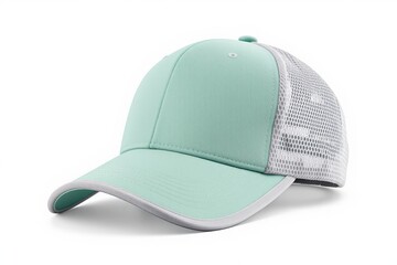Stylish mint green baseball cap with white mesh back panel isolated on white background