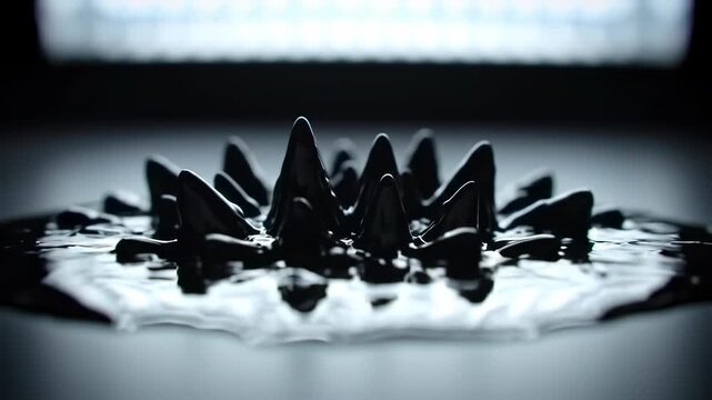 Mesmerizing ferrofluid liquid dynamically reacts to a magnetic field, forming sharp, dark, abstract spikes in a scientific phenomenon.