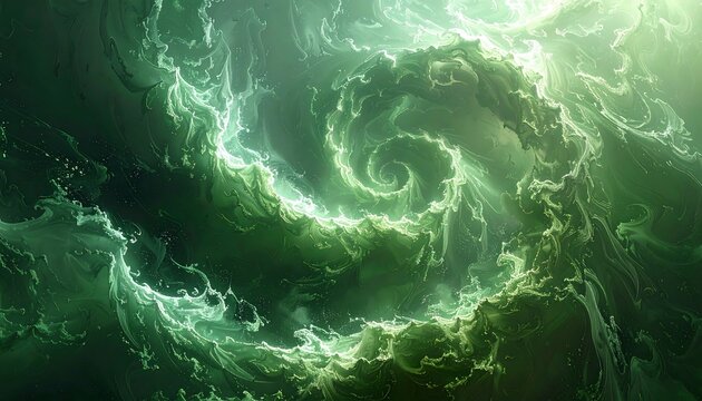A swirling mass of green and white energy. The image has a flowing, ethereal quality with dynamic spiral formations - Powered by Adobe