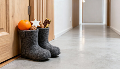 Traditional Saint Nicholas Day boots filled with gifts, including orange, nuts, chocolate, and star-shaped cookie near wooden door