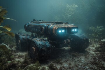 A futuristic underwater vehicle exploring the ocean floor. The vehicle has bright blue lights and a rugged design, surrounded by seaweed