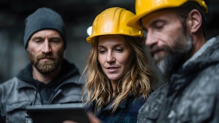 Three construction professionals collaborating and reviewing information on a tablet device in an industrial setting