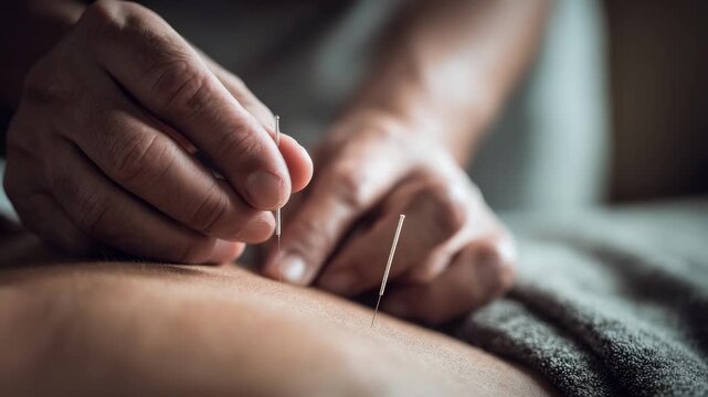 Acupuncture treatment with needle on skin  
