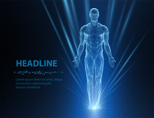 3D digital wireframe representation of a human figure with glowing blue lines, symbolizing advanced healthcare, human anatomy, and futuristic medical technologies in a dynamic, high-tech setting.