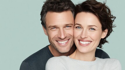 A smiling Caucasian man and woman pose closely together. The man has short dark hair and the woman has curly brown hair. They both wear casual sweaters.