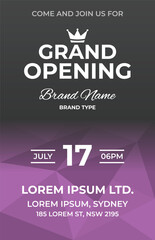 Modern Low Poly Grand Opening Flyer in Purple Gradient Background