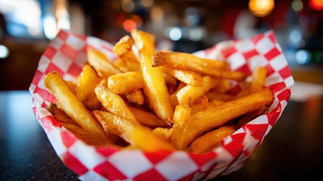 Crispy golden french fries in a red checkered basket