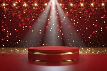 Red podium with gold trim on red stage with falling gold glitter