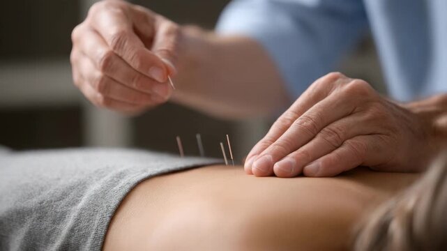 Acupuncture treatment with needle on skin  