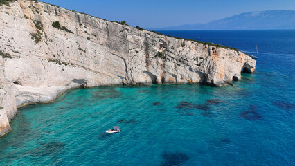 Aerial drone photo of scenic paradise complex of blue caves in Northern part of Zakinthos island a...
