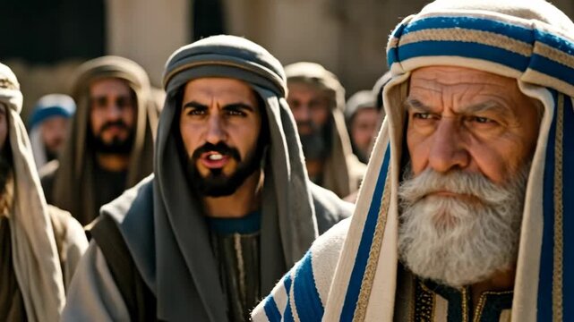 An old man and younger man in traditional robes look sternly then point accusingly in a crowd, ancient biblical times footage.