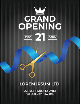 Premium Grand Opening Flyer with Blue Ribbon and Golden Scissor on Dark Background