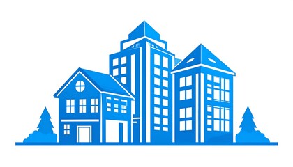 A stylized blue depiction of a cityscape, including houses, skyscrapers, and trees, all in a minimalist design